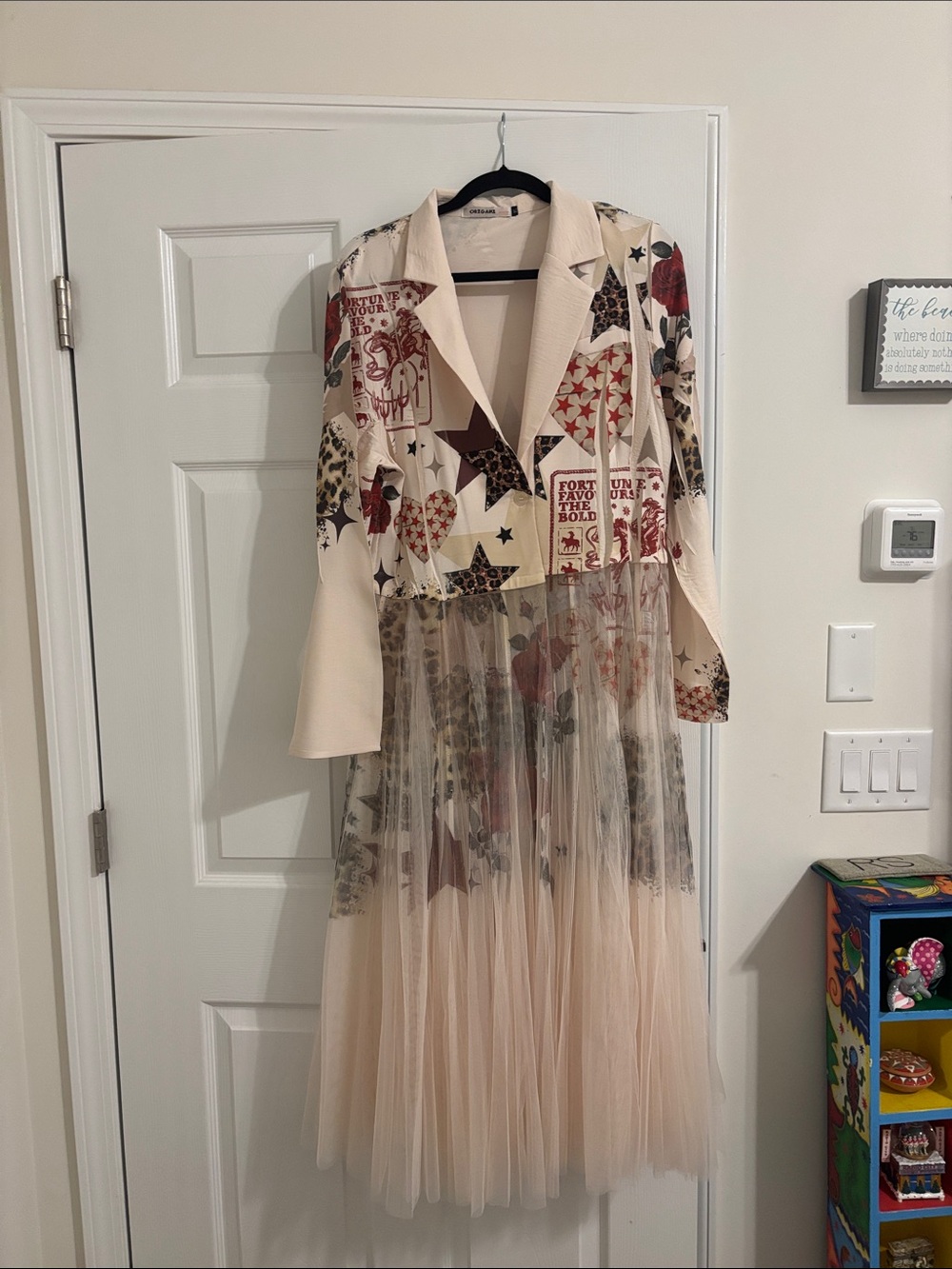 Printed Star & Heart Tulle Midi Dress - Cream with Red and Brown Accents